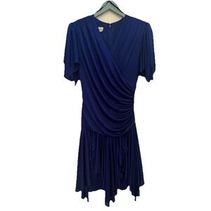 Vintage 80s Abby Kent Ruched Party Dress Size 10 Rhinestone Blue Short Sleeve